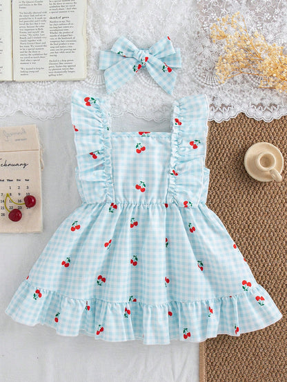 Baby Blue Dress With Cherry Printed