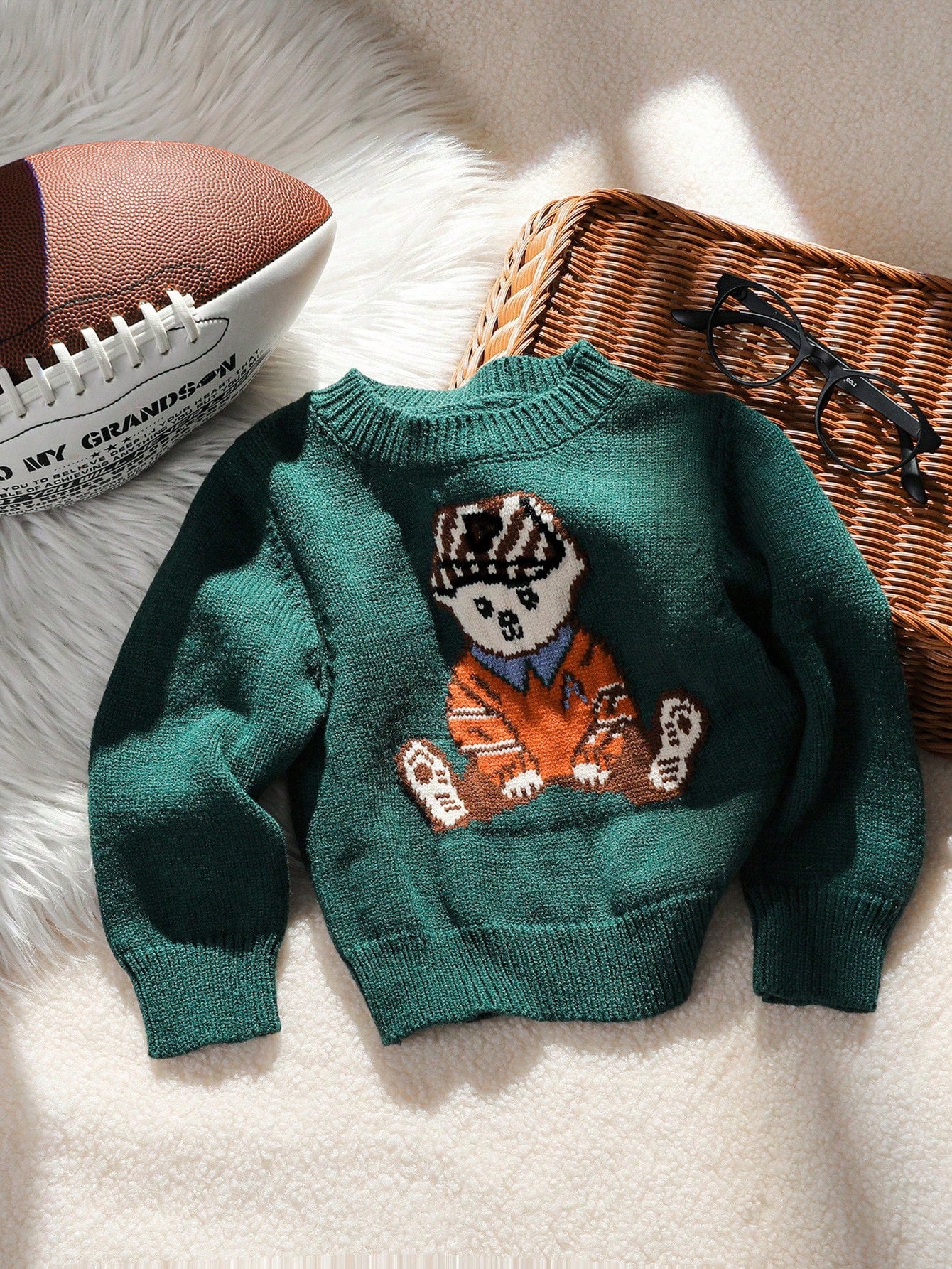 Dark Green Bear Knit Pullover