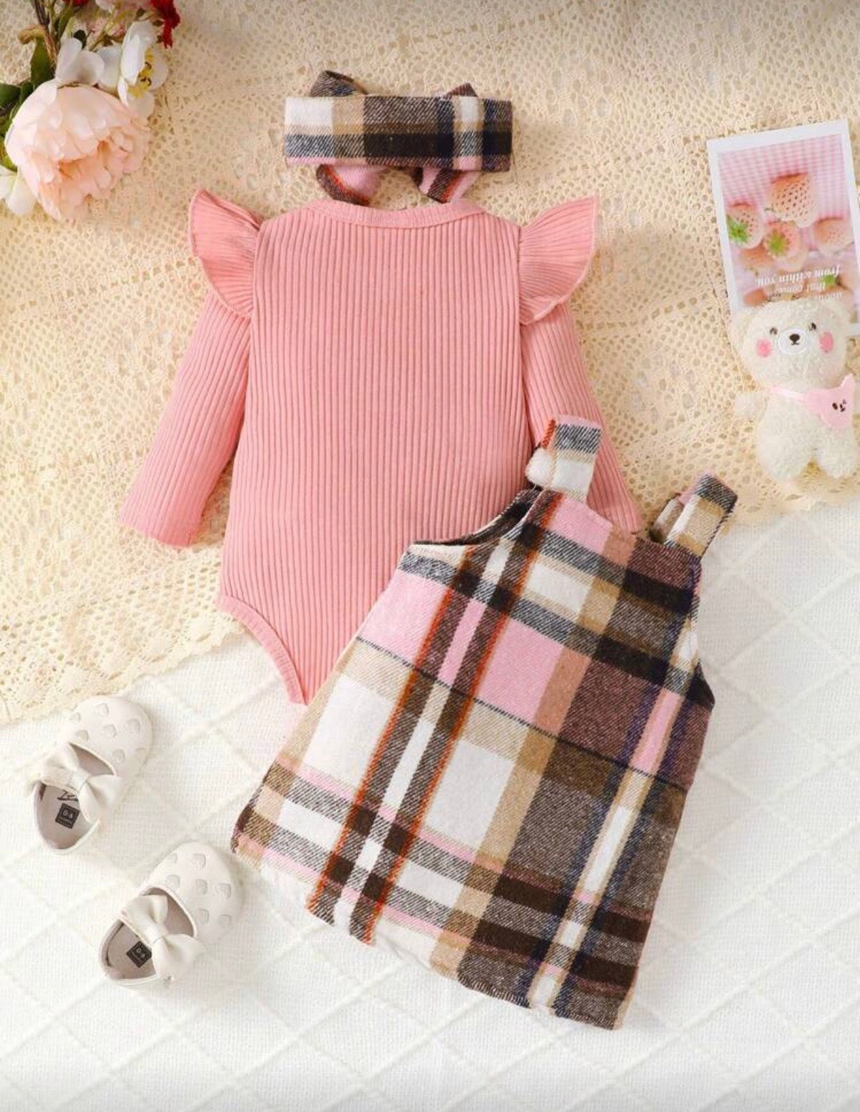 3 Pcs Set ( Trim Bodysuit & Plaid Dress & Headband )