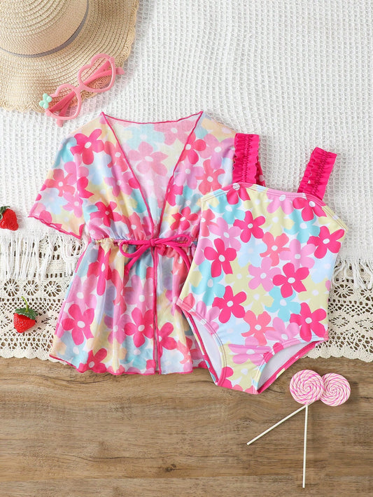 Floral One Piece Swimsuit With Cover Up