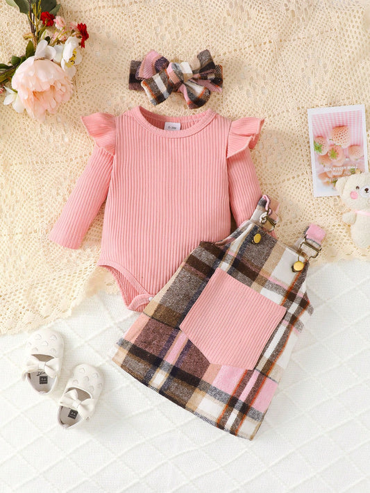 3 Pcs Set ( Trim Bodysuit & Plaid Dress & Headband )