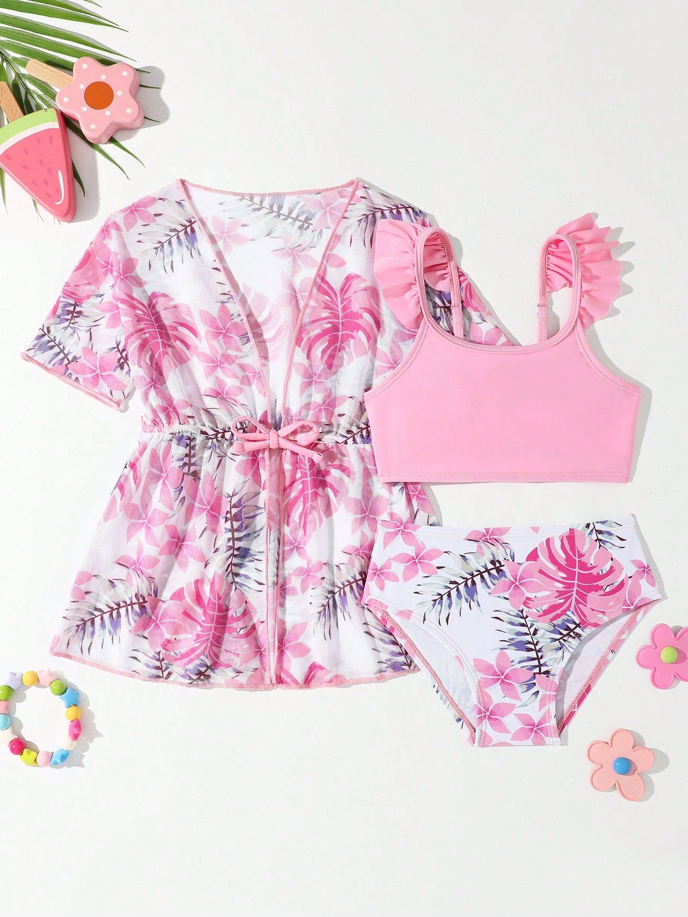 Pink Flowers Swimsuit Set