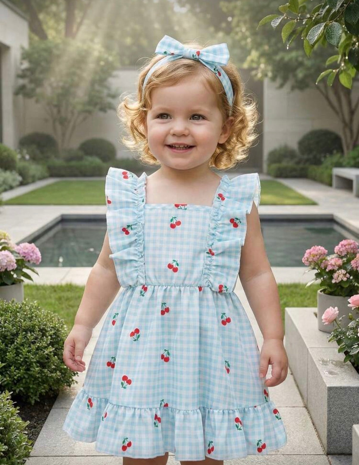 Baby Blue Dress With Cherry Printed