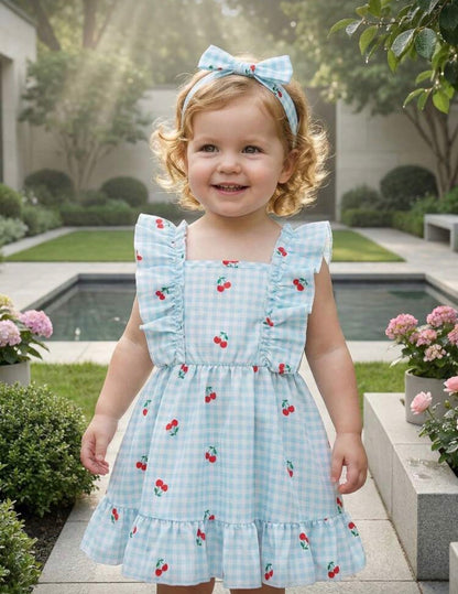 Baby Blue Dress With Cherry Printed