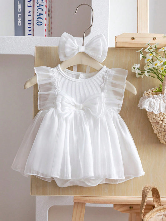 White Sleeveless 2 in 1  Dress & Bodysuit with Headband