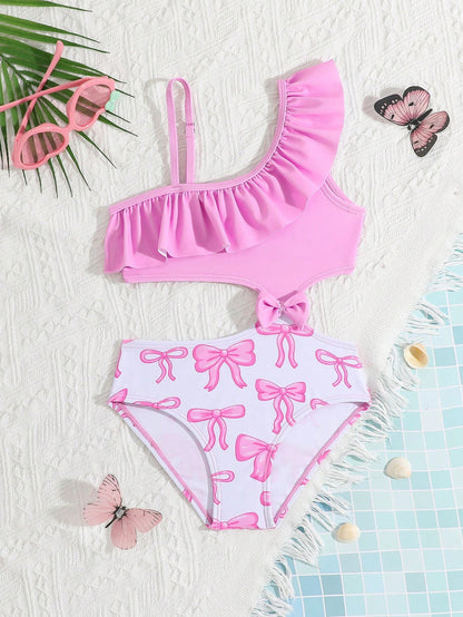Pink Bow Printed One Piece Swimwear